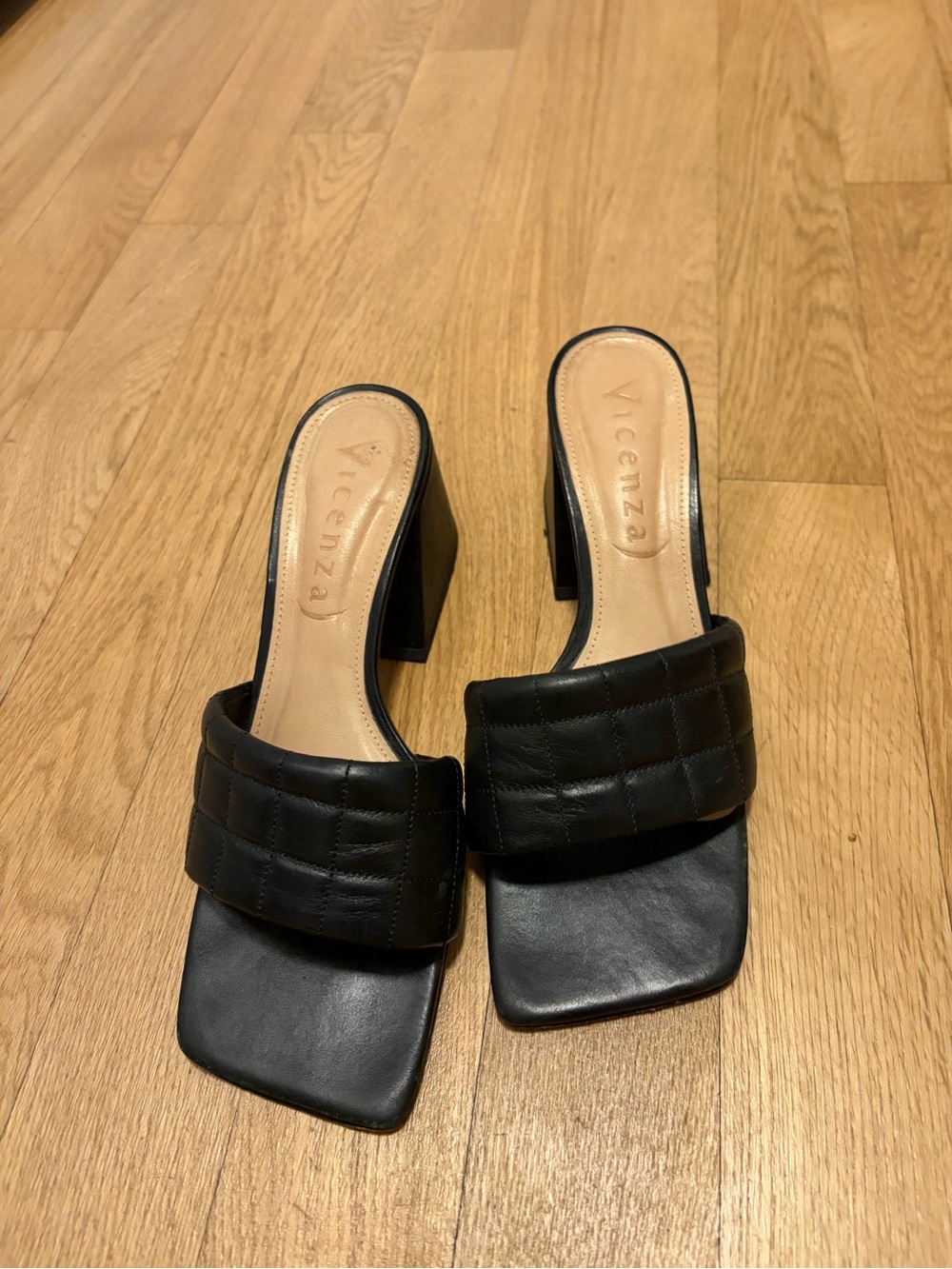Black Quilted Block Heel Slide Sandals